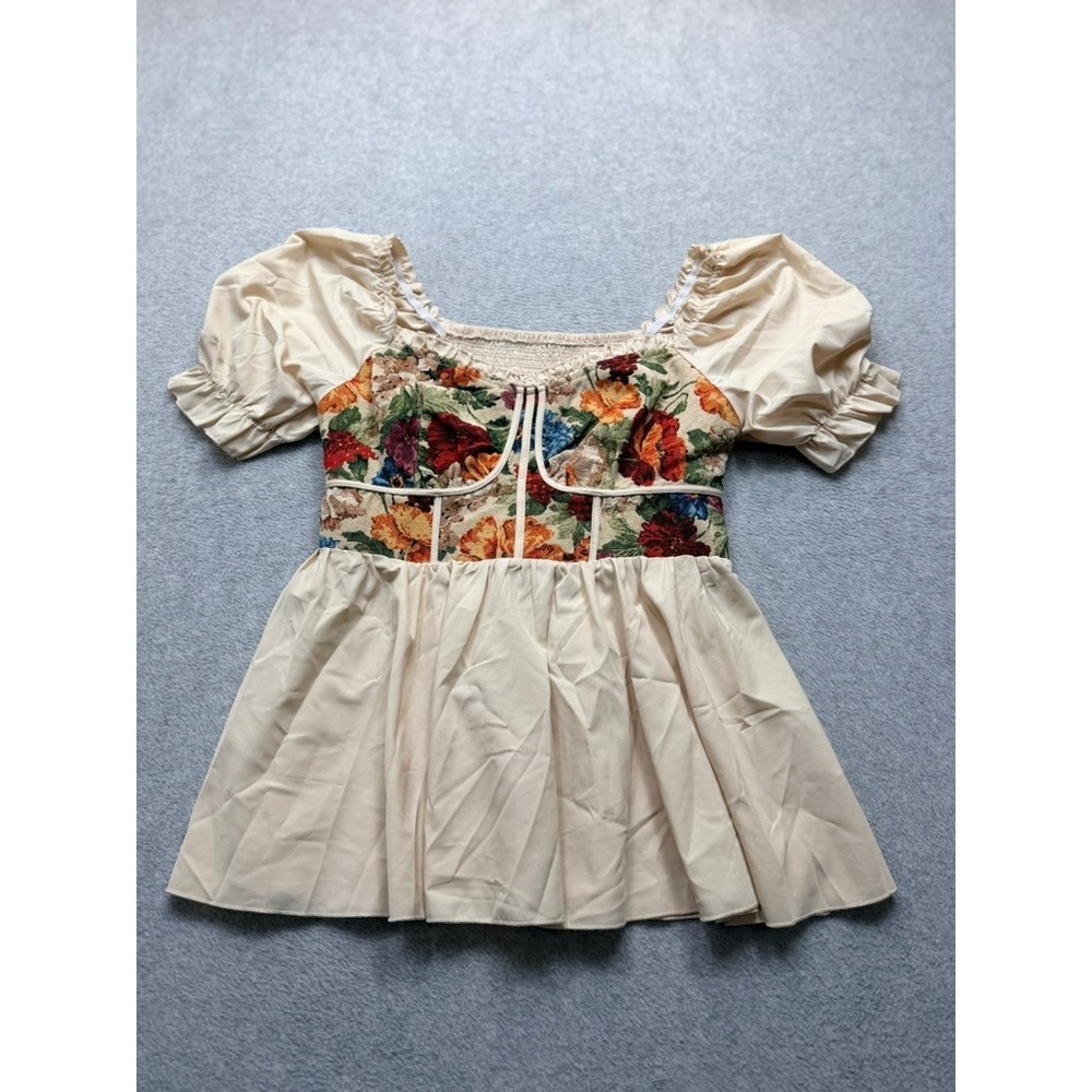 Floral Tapestry Corset Top Puff Sleeve Milkmaid Peplum Blouse Cream Multi